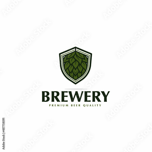 hops with shield logo design, brewery logo, vector shield hops, modern and clean logo, beer, icon, emblems