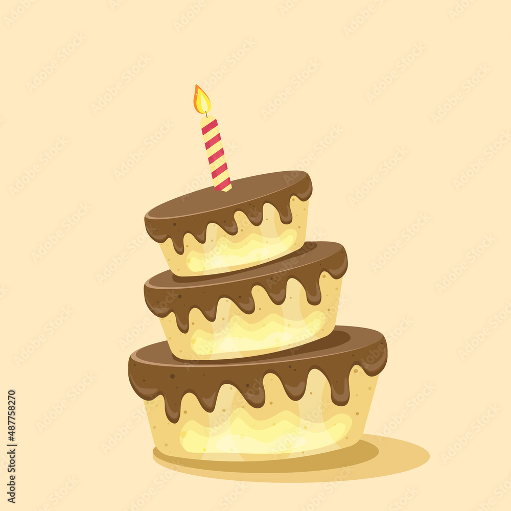 Birthday cake with chocolate creme and candles. Sweet dessert food for holiday celebration or children party. Vector illustration. Birthday cake with chocolate creme and candles. Sweet dessert food for holiday celebration or children party. Vector illustration.