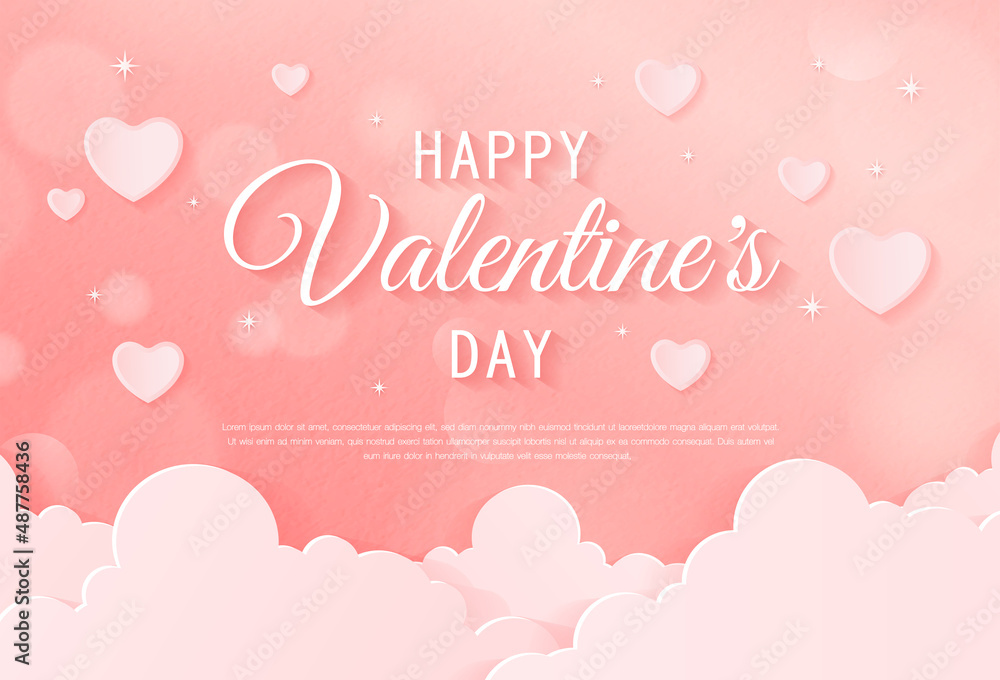 Soft valentine's day pink background with light pink hearts and white text sign