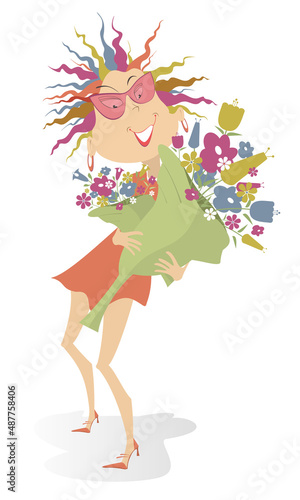 Smiling young woman holds a big bouquet of flowers isolated on white illustration 