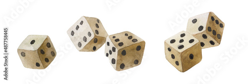 White watercolor dice . Gambling devices. Game of chance concept.