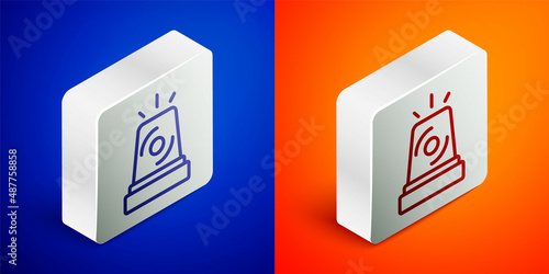 Isometric line Flasher siren icon isolated on blue and orange background. Emergency flashing siren. Silver square button. Vector