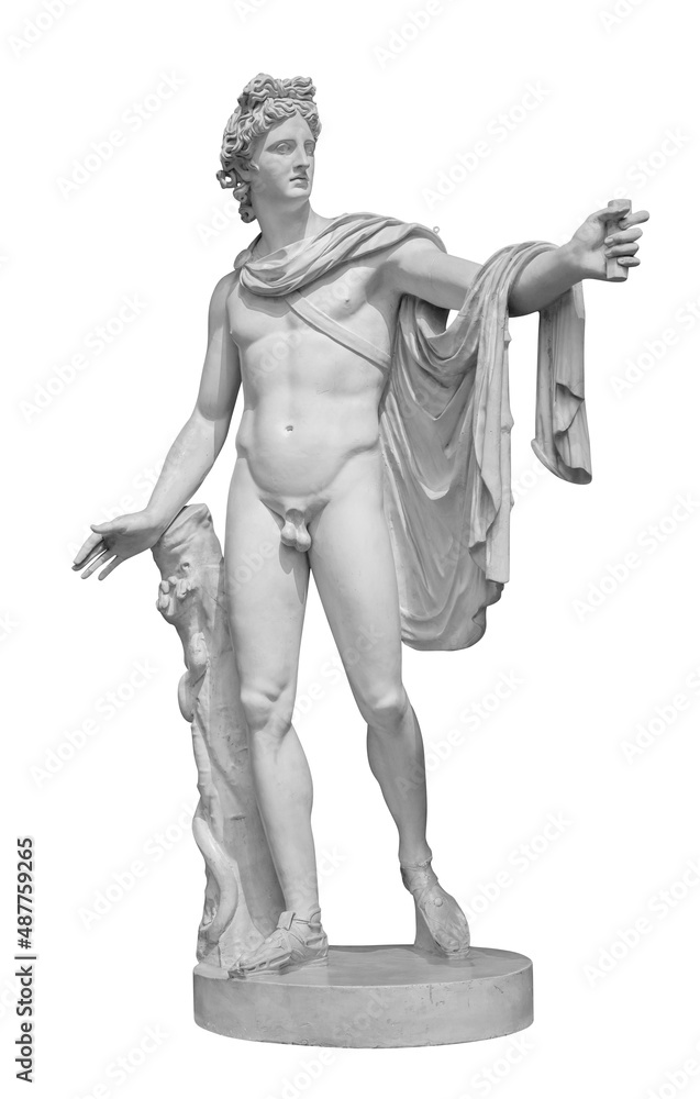 God Apollo sculpture. Ancient Greek god of Sun and Poetry Plaster copy of a marble statue isolated on white with clipping path - obrazy, fototapety, plakaty 
