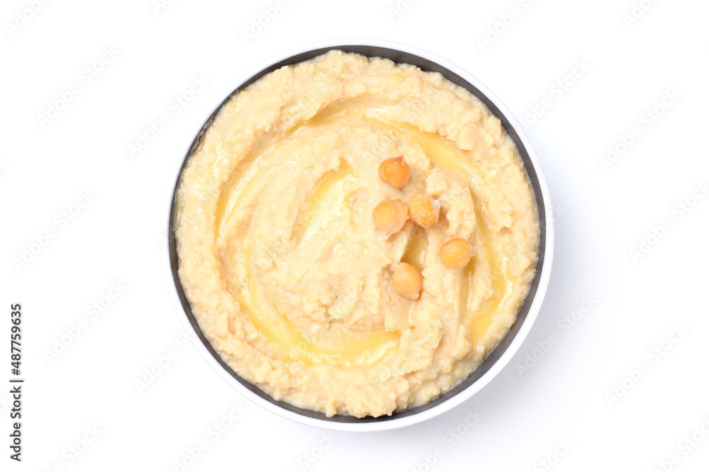 Hummus isolated on white background, top view