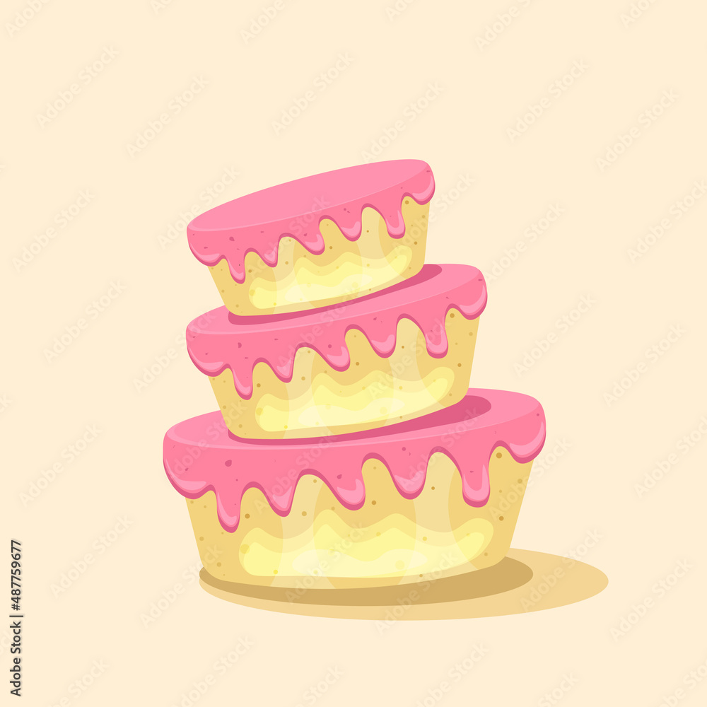 Birthday cake with pink creme. Sweet dessert food for holiday celebration or children party. Vector illustration. Birthday cake with pink creme. Sweet dessert food for holiday celebration or children party. Vector illustration.