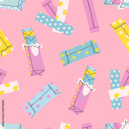 Cartoon bubble gum, sweets store. Doodle Chewing Gums, Cute and sweet Chewing candy, bubblegum pack.Retro texture , colorful Fruity and tasty Sweets and Candies. Hand drawn Vector Seamless Patterns. 