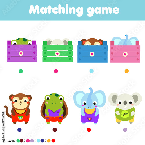 Educational game for children, kids activity. Match cute animals with boxes