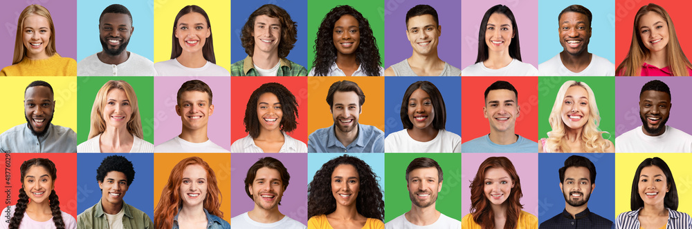 Various human faces collage. Set of happy diverse people headshots over colorful studio backgrounds, panorama Various human faces collage. Set of happy diverse people headshots over colorful studio backgrounds, panorama