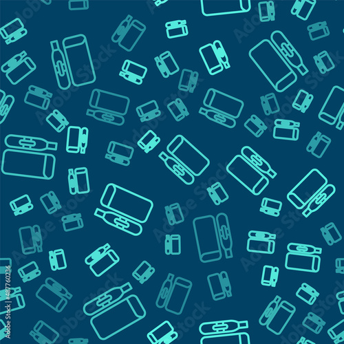 Green line Electronic cigarette icon isolated seamless pattern on blue background. Vape smoking tool. Vaporizer Device. Vector
