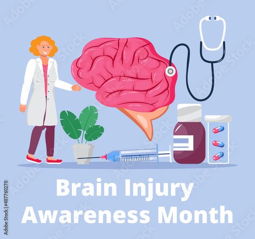 Brain injury awareness month concept vector. Medical event is celebrated in March. Neurology healthcare, dementia, Alzheimer, Parkinson illness.