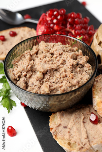 Concept of tasty food with pate, close up