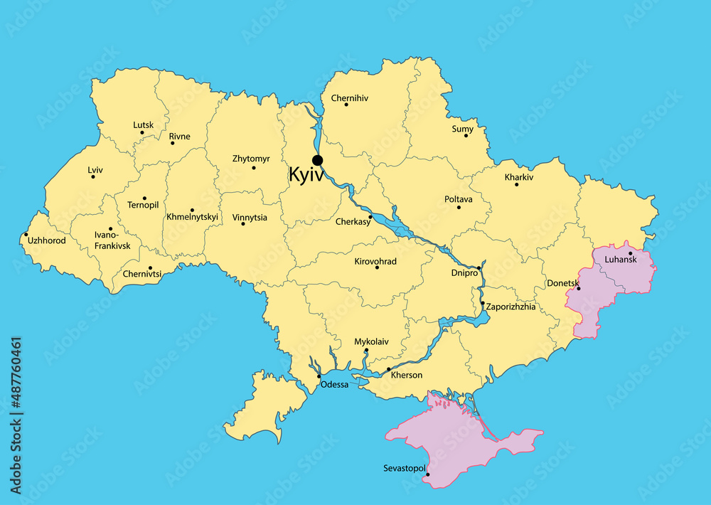 Obraz premium map of Ukraine with occupied territories by Russia - Donbass and Crimea, as on January 2022. Vector illustration on blue.