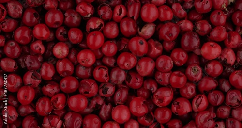 Top view of pink peppercorns rotating. Closeup. Macro.