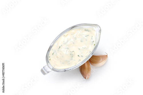 Garlic sauce and ingredients isolated on white background