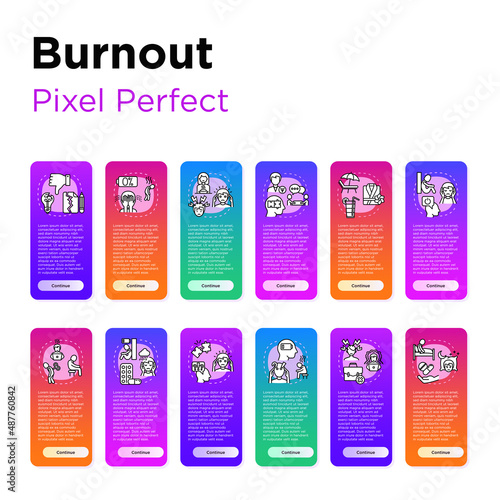 Emotional burnout set. Thin line icons. Working fatigue, job stress, depression, frustration, feeling of emptiness, creative burnout, psychotherapy, insomnia, mental exhaustion. Vector illustration