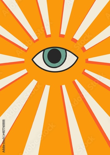 One-eyed sun. The circle of the phase of the eye is one. Psychedelic retro style. Vector illustration isolated on white background. Flat design, cartoon.