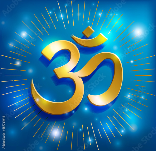 Shining sign Om (Aum) on blue starry heaven. Sacred symbol of primary sound and creation of the Universe in Hinduism. Vector illustration. photo