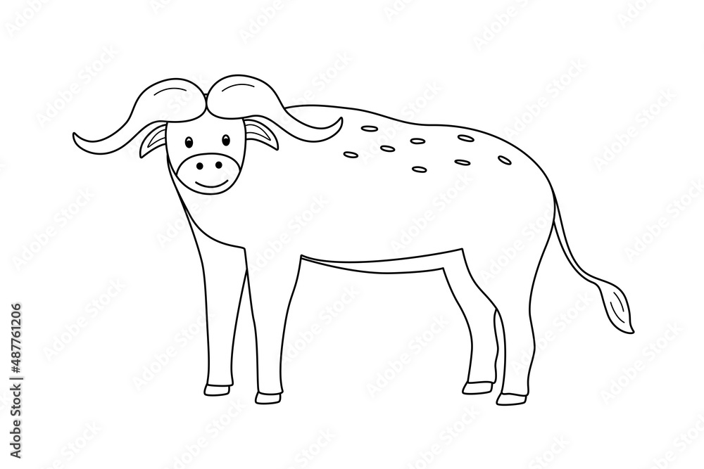 African buffalo cute cartoon vector illustration. Coloring book isolated on white.