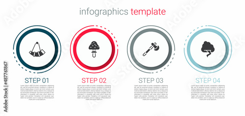 Set Hunting horn, Mushroom, Wooden axe and Cloud and lightning. Business infographic template. Vector