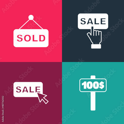 Set pop art Hand holding auction paddle, Price tag with Sale, and Auction sold icon. Vector