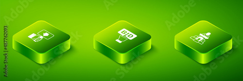 Set Isometric Bid, Auction auctioneer sells and Hand holding paddle icon. Vector