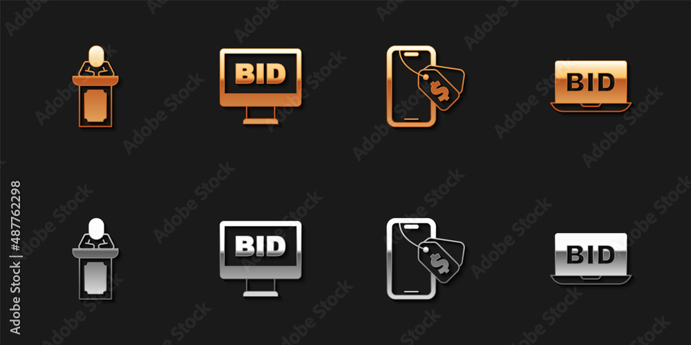 Set Auction auctioneer sells, Online, and icon. Vector Set Auction auctioneer sells, Online, and icon. Vector
