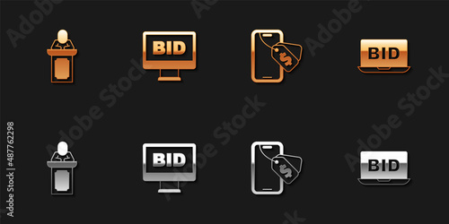Set Auction auctioneer sells, Online, and icon. Vector