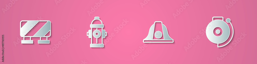 Set paper cut Road barrier, Fire hydrant, Firefighter helmet and Ringing alarm bell icon. Paper art style. Vector Set paper cut Road barrier, Fire hydrant, Firefighter helmet and Ringing alarm bell icon. Paper art style. Vector