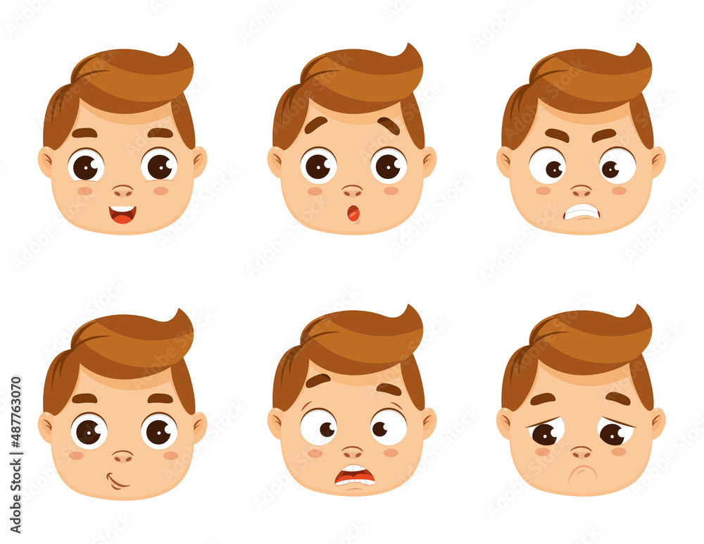 Set of the face of a cute boy in different emotions. Vector cartoon illustration isolated on a white background. Set of the face of a cute boy in different emotions. Vector cartoon illustration isolated on a white background.