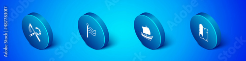 Set Isometric Crook and flail, Egyptian ship, Papyrus scroll and Flag Of icon. Vector