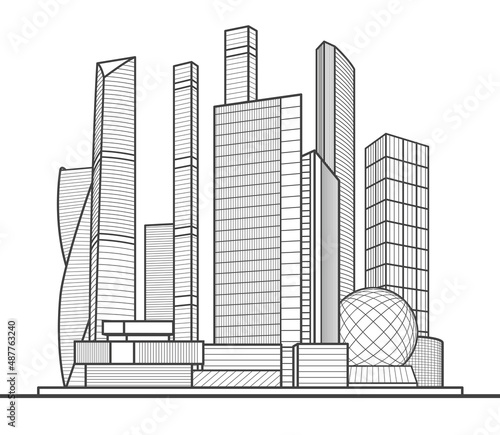 Modern town. Urban city complex. Business center. Infrastructure outlines illustration. Black lines on white background. Vector design art 