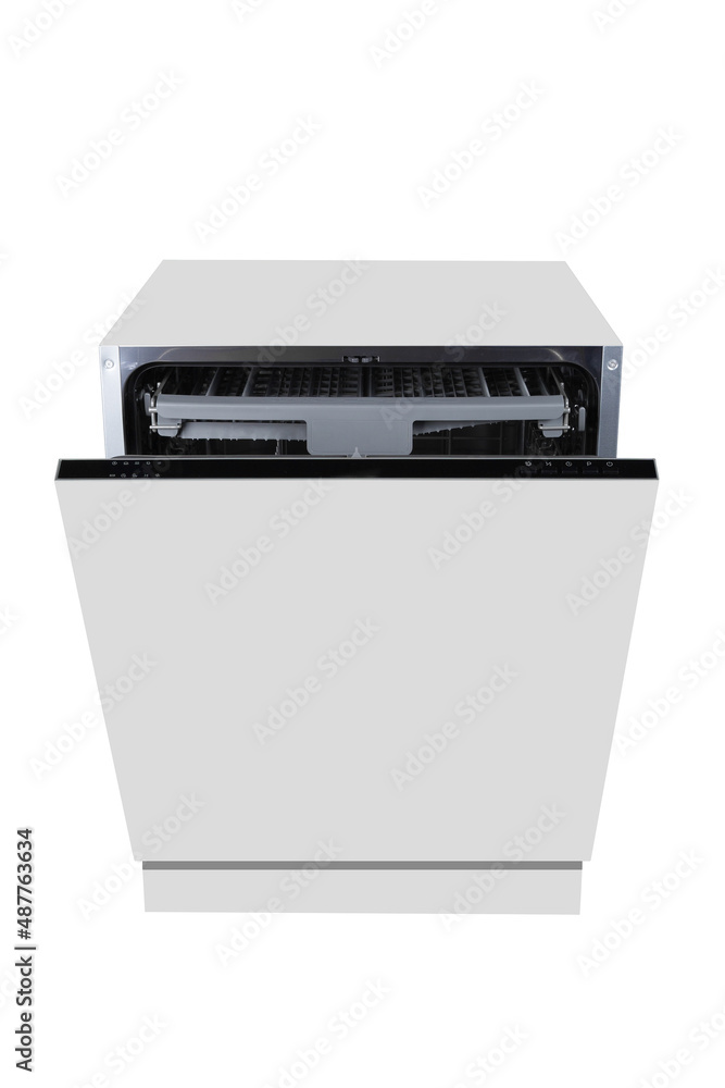 Front view of modern dishwasher with ajar door isolated on white background Front view of modern dishwasher with ajar door isolated on white background