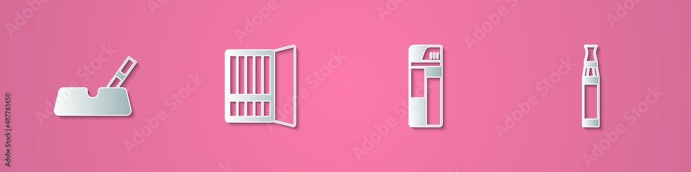Set paper cut Ashtray with cigarette, Cigarette case, Lighter and Electronic icon. Paper art style. Vector Set paper cut Ashtray with cigarette, Cigarette case, Lighter and Electronic icon. Paper art style. Vector