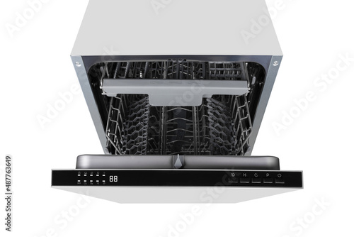 Top view of modern dishwasher with control panel isolated on white background