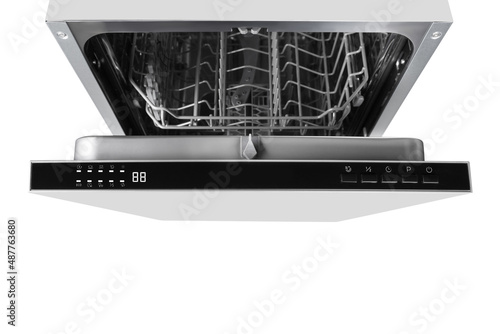 Empty modern metal dishwasher placed on white background