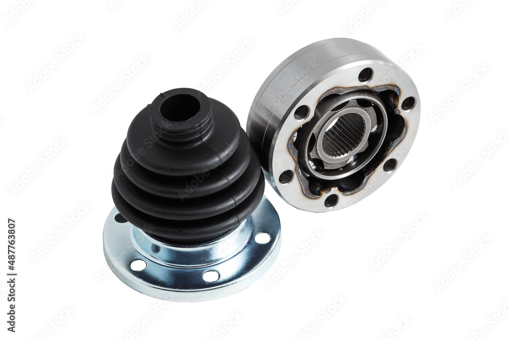 Driveshaft isolated on white background. Spare part of a car. Hinge kit. Inner sling. Driveshaft isolated on white background. Spare part of a car. Hinge kit. Inner sling.