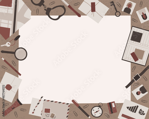 Frame on the theme of a detective investigation. Scattered on the table are the detective's accessories, a magnifying glass, handcuffs, a book, and a compass. Flat vector illustration.