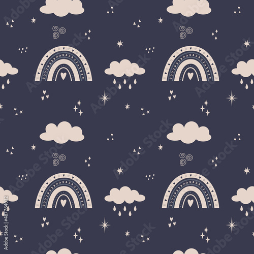 Vector Seamless pattern with boho rainbow, clouds, stars, rain on a dark background. Backdrop for wrapping paper, scrapbooking, fabric, baby textiles, wallpaper, pillows, stationery