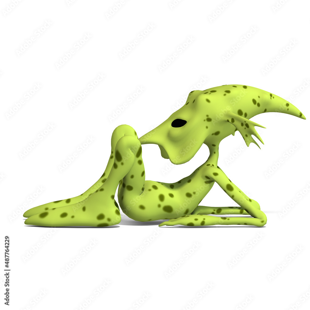 Fototapeta premium 3D-illustration of a cute and funny cartoon alien laying on the ground