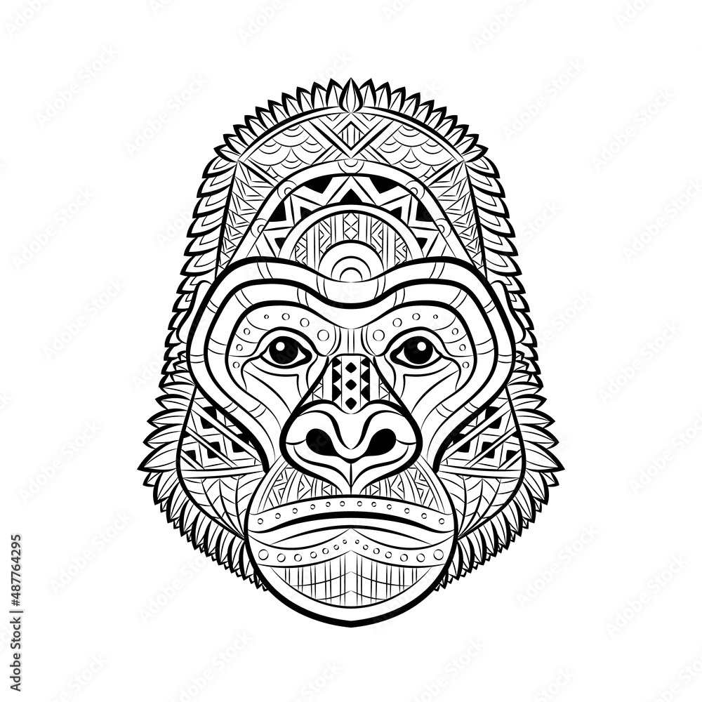Gorilla face. Portrait of Big Mountain Gorilla isolated on white background. Painted ethnic ornament. Africans design. May be used for design of t-shirt, bag, postcard, poster, banner. Logo. Vector Gorilla face. Portrait of Big Mountain Gorilla isolated on white background. Painted ethnic ornament. Africans design. May be used for design of t-shirt, bag, postcard, poster, banner. Logo. Vector