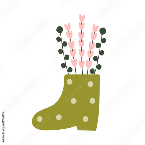 Spring green flowers in boots. Illustration for floristic cards, gift tags, shops, 8 of March and Easter decor, wedding gifts and invitation. Hand drawn flat style. Simple hand drawn trendy bouquet.