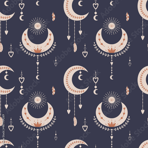 Vector seamless pattern with mystical celestial elements, crescent moon, dreamcatcher, sun, hanging feathers. Backdrop for wrapping paper, scrapbooking, fabric, textiles, wallpaper, pillows.