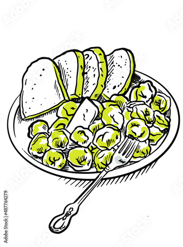 Vector sketch of Ukrainian national dish pelmeni with bread
