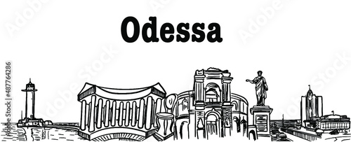 panorama of the city of Odessa, Ukraine. Opera and ballet theater, colonnade, sea station, lighthouse, legendary chair