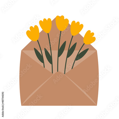 Wild garden blooming flowers in envelope. Illustration for floristic cards, gift tags, shops, 8 of March and Easter decor, wedding gifts and invitation.