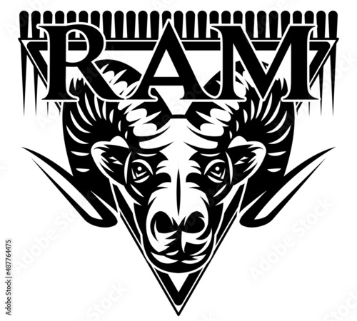 Head of ram with an inscription. Template for design. Monochrome vector illustration