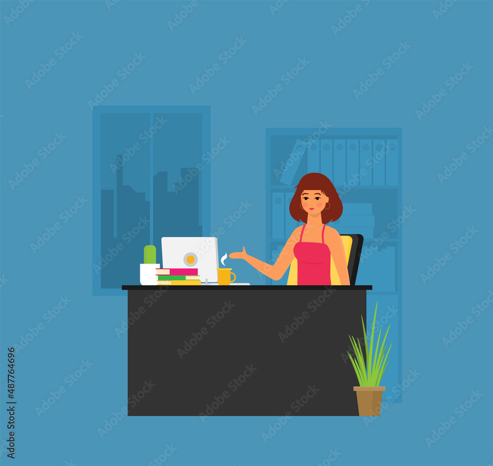 Office worker with phone working in office in the flat style vector Office worker with phone working in office in the flat style vector