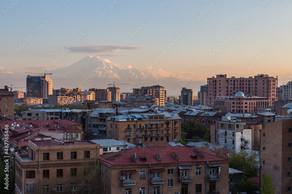 Panorama of Yerevan city at sunset. Armenia 