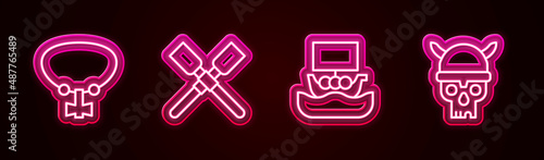 Set line Necklace with gem, Oars or paddles boat, Viking ship Drakkar and Skull viking helmet. Glowing neon icon. Vector