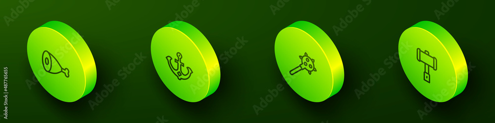 Set Isometric line Chicken leg, Anchor, Mace with spikes and Battle hammer icon. Vector Set Isometric line Chicken leg, Anchor, Mace with spikes and Battle hammer icon. Vector